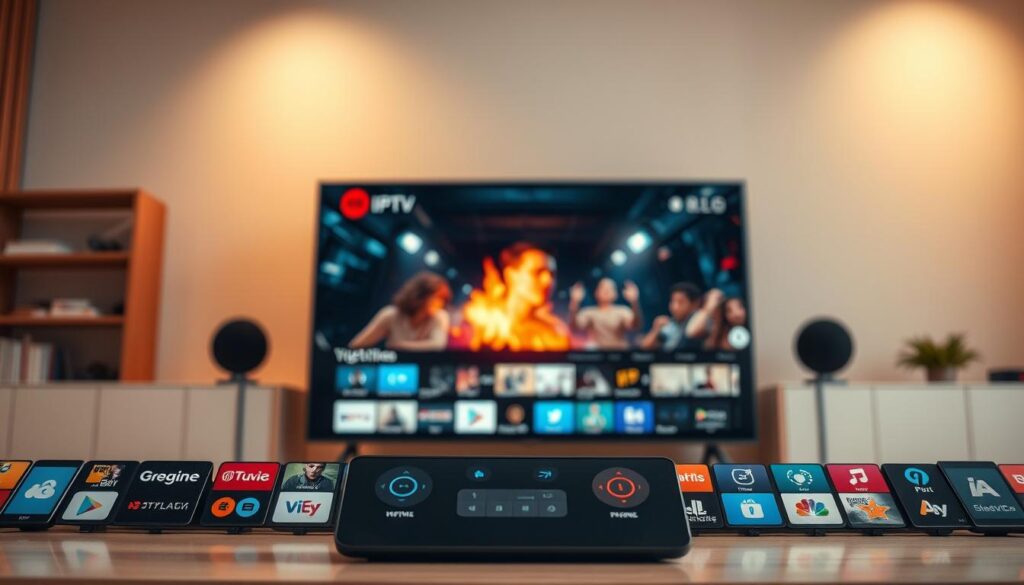 A captivating preview of IPTV SERVICES, showcasing a sleek and modern streaming interface. The foreground features an array of vibrant app icons, meticulously arranged to tempt the viewer's curiosity. In the middle ground, a large screen displays a captivating movie or TV show, its vivid colors and cinematic quality drawing the eye. The background is a softly blurred, minimalist environment, allowing the central elements to take center stage. Warm, directional lighting illuminates the scene, creating a welcoming and immersive atmosphere. The overall composition conveys a sense of effortless sophistication and the promise of endless entertainment at the user's fingertips.