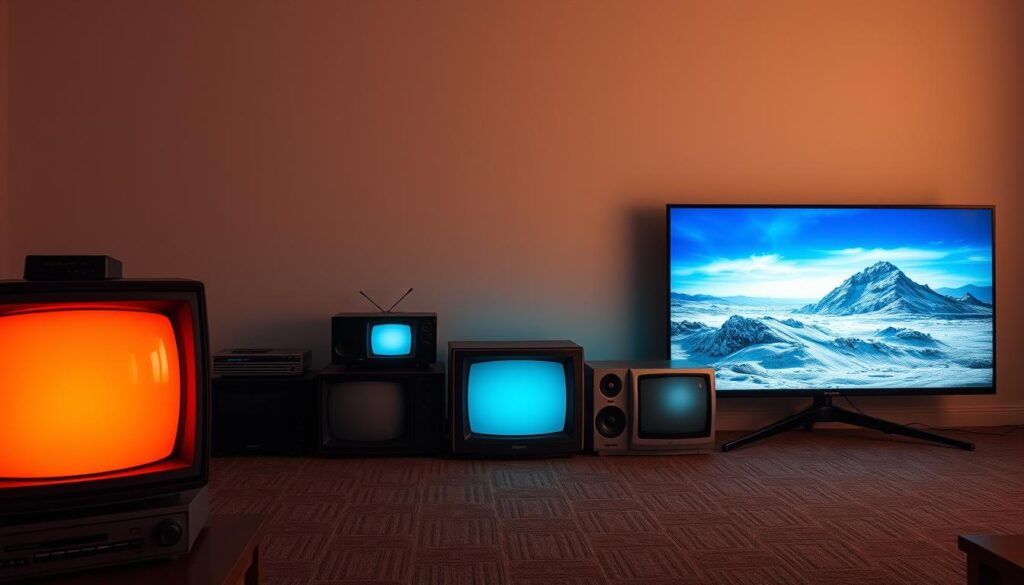 A chronological progression of television technology, showcasing the evolution from bulky cathode-ray tubes to sleek, modern flat-panel displays. In the foreground, a vintage CRT television sets the stage, its warm glow contrasting with the crisp, vibrant display of a contemporary IPTV SERVICES smart TV. In the middle ground, a series of TVs from different eras illustrate the advancements in screen size, resolution, and design. The background features a futuristic landscape, hinting at the potential of immersive, holographic television experiences. Soft, ambient lighting and a sense of timelessness create a contemplative, historical atmosphere.