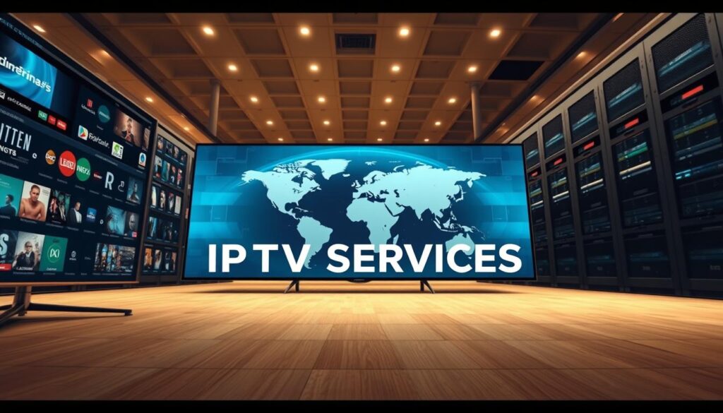 A cinematic, wide-angle shot of the key features of IPTV SERVICES. In the foreground, a sleek, modern interface with intuitive navigation and a vast library of live TV channels, on-demand movies, and popular shows. The middle ground features a global map, symbolizing the service's worldwide coverage and accessibility. In the background, a towering server rack, representing the reliable, high-performance infrastructure that powers the IPTV SERVICES platform. The scene is bathed in a warm, inviting lighting, conveying a sense of quality, convenience, and endless entertainment possibilities.