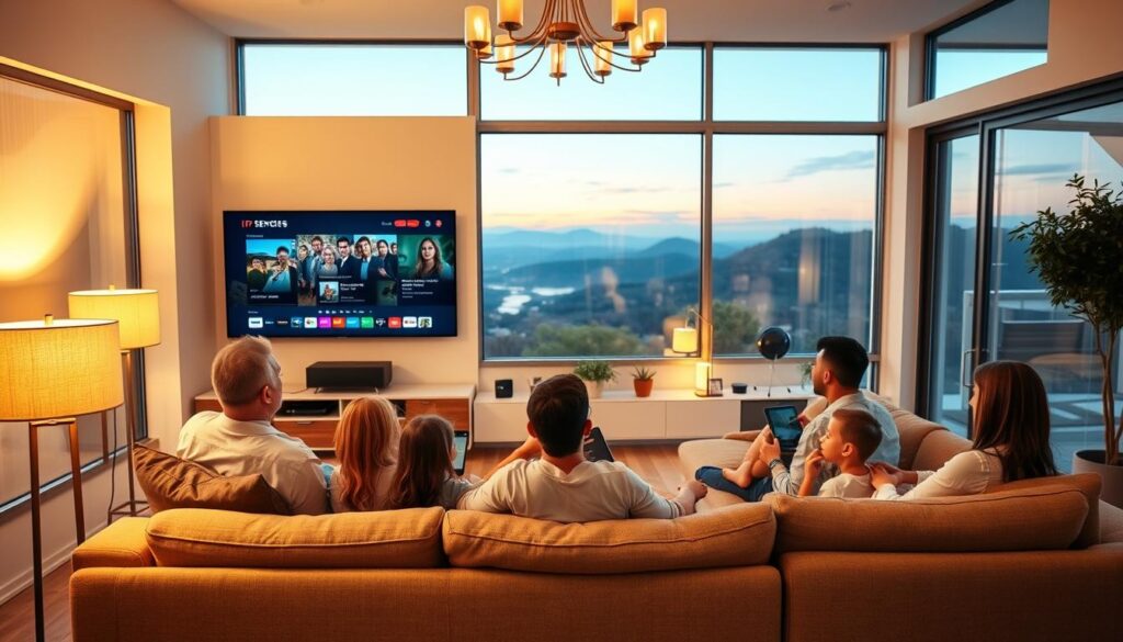 A cozy living room with a large flat-screen TV mounted on the wall. The room is well-lit, with warm, soft lighting from floor lamps and a central chandelier. In the foreground, a family is gathered on a comfortable sectional sofa, streaming content from their IPTV SERVICES subscription on the TV. The adults are relaxed, while the children are engaged with their digital devices, creating a harmonious, cost-effective household streaming experience. The middle ground features a modern, minimalist entertainment center housing the IPTV set-top box and other media equipment. The background showcases a large window overlooking a scenic outdoor landscape, adding a sense of tranquility to the scene.