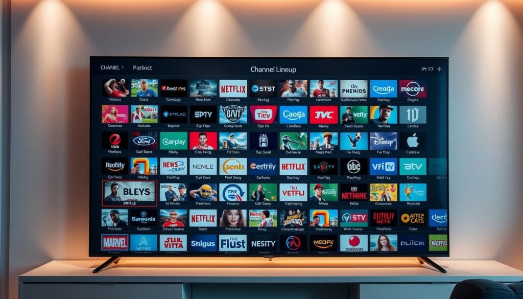 A detailed overview of channel lineup options for an immersive IPTV experience. A sleek, modern interface displays a comprehensive grid of entertainment channels, each with clear icons and descriptive labels. The layout is clean and intuitive, allowing effortless navigation through a diverse selection of news, sports, movies, and specialty programming. Soft, diffused lighting creates a warm, inviting atmosphere, while strategic camera angles showcase the depth and breadth of the "iptv services" channel offerings. The overall aesthetic is polished and visually appealing, perfectly complementing the article's focus on the expansive entertainment possibilities available through IPTV technology.