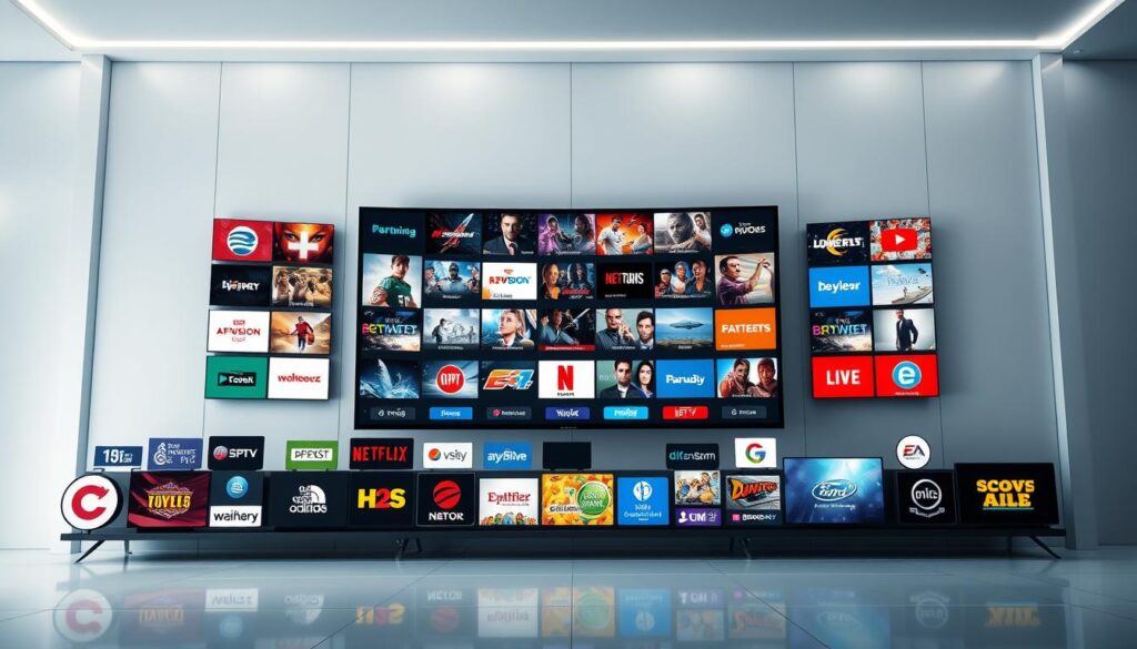 A diverse array of entertainment channels presented in a visually striking composition. In the foreground, a dynamic display of various iptv services icons and logos, each pulsing with vibrant colors and a sense of energy. The middle ground features a large, panoramic screen showcasing a diverse range of content, from sports to movies, news to documentaries. The background is a sleek, minimalist setting with a futuristic aesthetic, punctuated by subtle lighting effects that create a sense of depth and sophistication. The overall mood is one of excitement, innovation, and the boundless possibilities of iptv services.