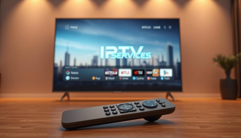 A high-quality 3D render of the latest IPTV technology, featuring a sleek and modern user interface displayed on a large flatscreen television. The screen shows the "IPTV SERVICES" brand logo in a bold, futuristic font. In the foreground, there is a wireless remote control with a minimalist design, highlighting the intuitive controls for navigating the IPTV interface. The middle ground showcases various streaming services and content options, while the background depicts a stylized cityscape with skyscrapers and futuristic architecture, conveying the idea of a connected, digital world. The scene is illuminated by warm, ambient lighting, creating a sense of sophistication and technological advancement.