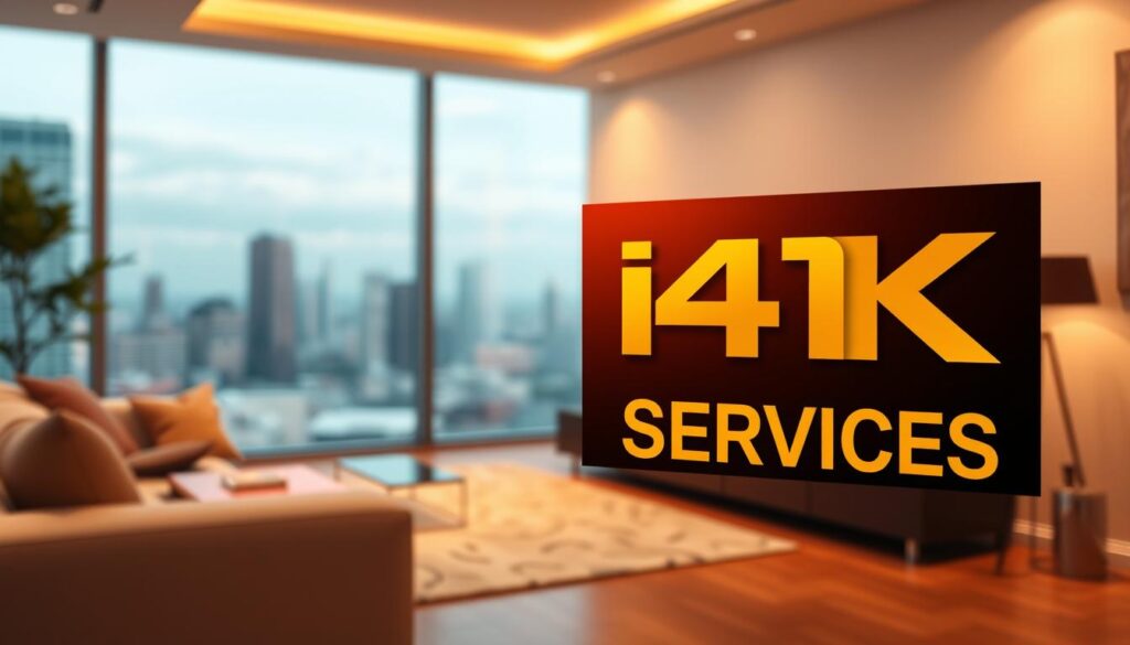 A high-quality 4K streaming display showcasing vibrant colors, sharp details, and a wide dynamic range. The foreground features the IPTV SERVICES brand logo, highlighted by warm, diffused lighting and a subtle film grain effect. The middle ground depicts a modern living room setting with a large flatscreen TV, sleek entertainment system, and plush furnishings. The background fades into a blurred, minimalist cityscape, conveying a sense of urban sophistication. The overall mood is one of premium quality, immersive entertainment, and cutting-edge technology.