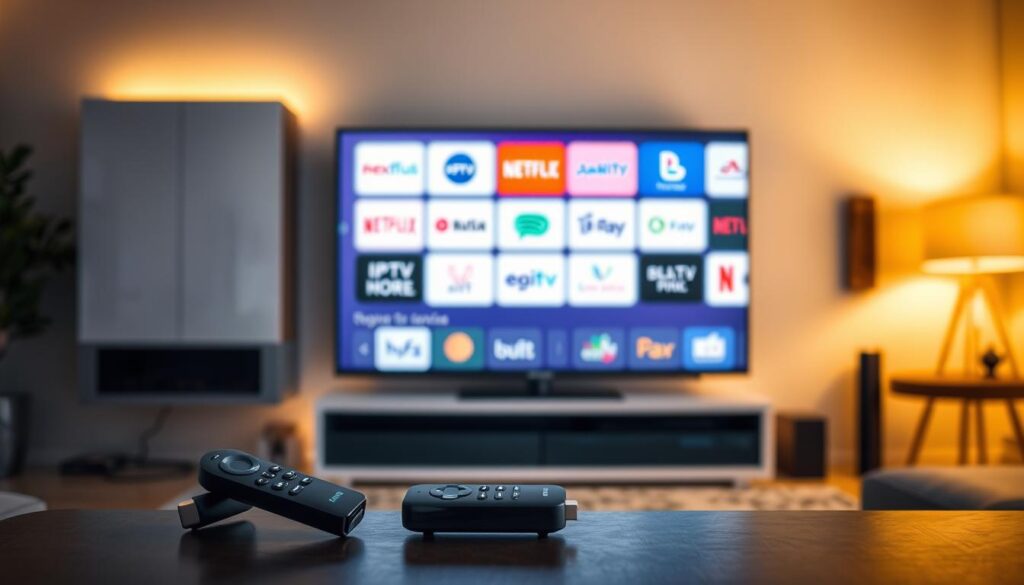 A high-quality, vibrant image showcasing the "IPTV SERVICES" brand. The scene depicts a sleek, modern living room with a large flat-screen TV as the focal point. The TV display shows a collage of different IPTV service logos, highlighting the variety of options available. The room is illuminated by warm, soft lighting, creating a cozy and inviting atmosphere. In the foreground, a wireless remote control and a streaming device, such as a Roku or Fire TV Stick, are prominently placed, emphasizing the convenience and accessibility of the IPTV services. The background features minimalist decor, allowing the TV and the IPTV branding to take center stage. The overall composition conveys a sense of modern, high-tech entertainment and the freedom to access a wide range of IPTV content. A high-quality, vibrant image showcasing the "IPTV SERVICES" brand. The scene depicts a sleek, modern living room with a large flat-screen TV as the focal point. The TV display shows a collage of different IPTV service logos, highlighting the variety of options available. The room is illuminated by warm, soft lighting, creating a cozy and inviting atmosphere. In the foreground, a wireless remote control and a streaming device, such as a Roku or Fire TV Stick, are prominently placed, emphasizing the convenience and accessibility of the IPTV services. The background features minimalist decor, allowing the TV and the IPTV branding to take center stage. The overall composition conveys a sense of modern, high-tech entertainment and the freedom to access a wide range of IPTV content.