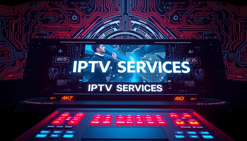 A high-tech, futuristic control panel featuring the "IPTV SERVICES" brand name prominently displayed. The panel is sleek and modern, with a dark, metallic aesthetic and glowing, holographic interfaces. In the foreground, a central 4K display showcases dynamic, ultra-high-definition video content, while the background is filled with intricate, interlocking circuit patterns and data visualizations, evoking the complex infrastructure that powers the premium IPTV service. The overall mood is one of advanced technology, sophistication, and the seamless delivery of a premium streaming experience.