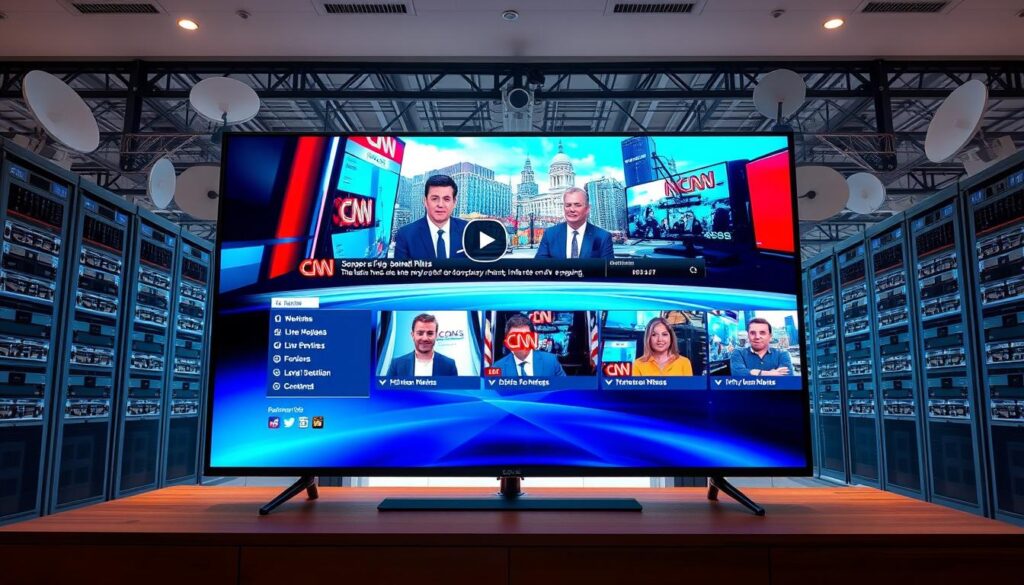 A large, modern TV screen takes center stage, its sleek design and vibrant display showcasing the latest in live streaming technology. In the foreground, an elegant user interface with intuitive controls allows seamless navigation through a rich tapestry of "iptv services" offering a vast array of live news, entertainment, and on-demand content. The middle ground features a dynamic live feed of CNN's news coverage, the anchors' faces captured in high definition, their expressions conveying the urgency and significance of the unfolding events. In the background, a sophisticated network of servers and satellite dishes suggests the global reach and reliability of the "iptv cnn" platform, ensuring a smooth and uninterrupted viewing experience. The overall scene exudes a sense of cutting-edge technology, modern sophistication, and the power of live, real-time information at the fingertips of the viewer.