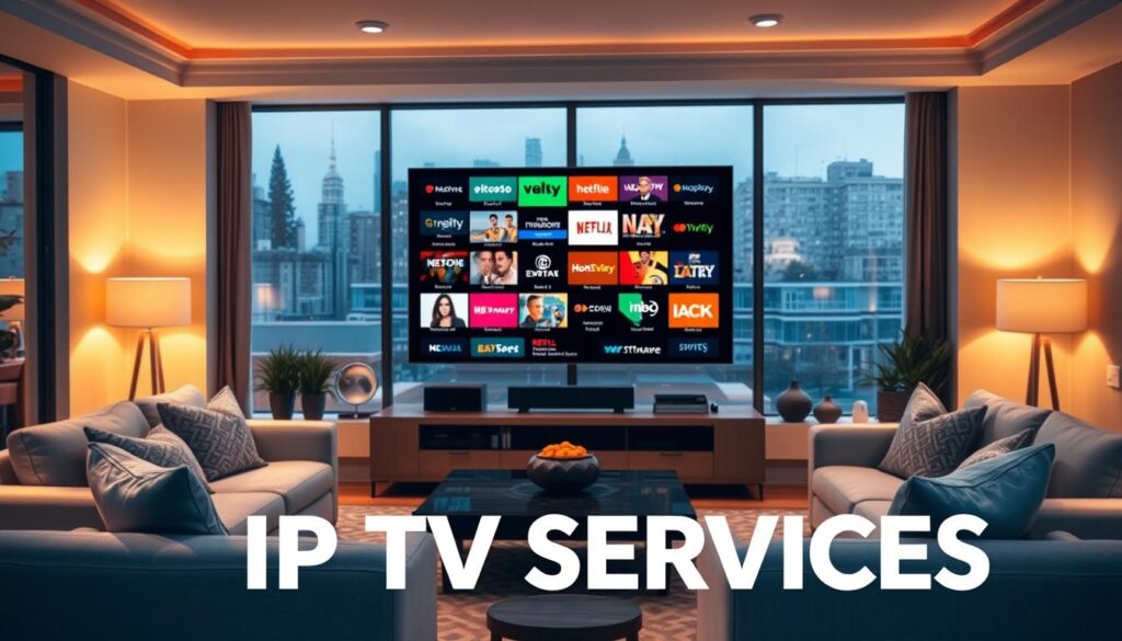 A lively modern living room with a large flat-screen TV displaying an array of IPTV channels, surrounded by comfortable sofas and armchairs. Warm, ambient lighting casts a cozy glow, while sleek, minimalist decor and large windows create an inviting, contemporary atmosphere. In the foreground, the IPTV SERVICES brand logo is prominently displayed, reflecting the cutting-edge technology and entertainment options available to the viewer. The scene conveys the excitement and convenience of the streaming era, where a world of content is at one's fingertips.