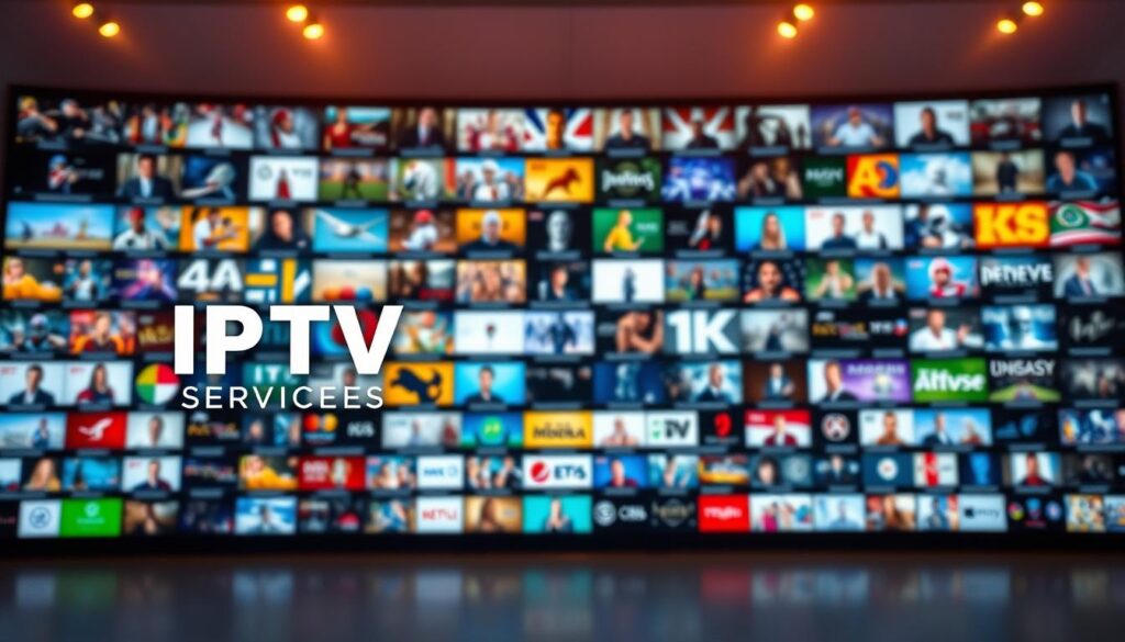 A massive library of IPTV content, spanning a vast array of 4K live channels, is presented in a sleek, modern interface. In the foreground, the IPTV SERVICES brand logo is prominently displayed, radiating a sense of quality and reliability. The middle ground showcases a diverse selection of live sports, news, movies, and entertainment options, with vivid, high-resolution imagery. The background is a soft, gradient-like blur, creating a sense of depth and focus on the content. The lighting is warm and inviting, with a subtle cinematic quality, drawing the viewer's attention to the breadth and depth of the IPTV offering. The overall composition exudes a professional, premium aesthetic, reflecting the unparalleled streaming experience promised by 4K Live IPTV.
