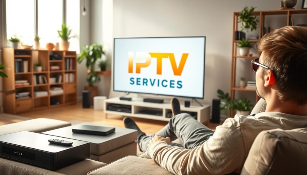 A modern living room with a large TV screen displaying the "IPTV SERVICES" brand logo, surrounded by various digital devices and remote controls. In the foreground, a person is relaxing on a comfortable couch, enjoying the seamless streaming experience. The room is well-lit, with natural light filtering through large windows, creating a warm and inviting atmosphere. The background features bookshelves, houseplants, and other decor elements that suggest a cozy, tech-savvy home environment. The overall scene conveys the convenience, entertainment, and flexibility of IPTV streaming services.