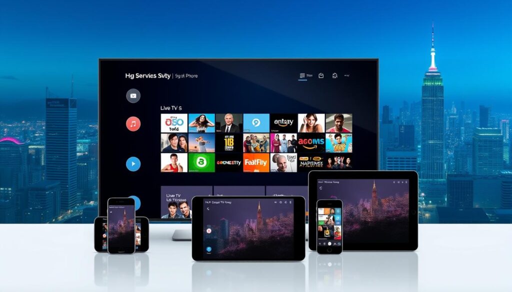 A modern, minimalist digital streaming platform with a sleek, intuitive interface. In the foreground, a high-resolution display shows a diverse selection of live TV channels, seamlessly streaming content. The middle ground features various devices, such as smartphones, tablets, and smart TVs, showcasing the platform's cross-device compatibility. In the background, a vibrant city skyline reflects the global reach and accessibility of the IPTV SERVICES, conveying a sense of technological advancement and user convenience. A modern, minimalist digital streaming platform with a sleek, intuitive interface. In the foreground, a high-resolution display shows a diverse selection of live TV channels, seamlessly streaming content. The middle ground features various devices, such as smartphones, tablets, and smart TVs, showcasing the platform's cross-device compatibility. In the background, a vibrant city skyline reflects the global reach and accessibility of the IPTV SERVICES, conveying a sense of technological advancement and user convenience.