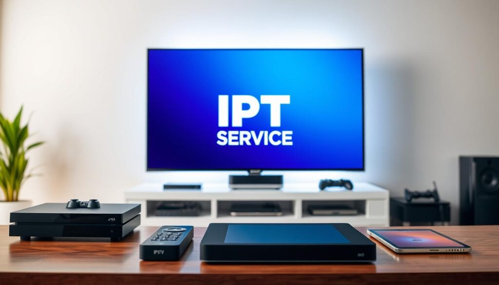 A modern multi-device streaming setup with a sleek, minimalist aesthetic. In the foreground, a IPTV SERVICES logo is prominently displayed on a high-resolution smart TV screen, its crisp image quality and vibrant colors commanding attention. Surrounding the TV, an array of complementary devices - a gaming console, a streaming box, and a tablet - are neatly arranged, symbolizing the seamless integration of IPTV technology across various platforms. The middle ground features a clean, organized workspace with a laptop and remote controls, emphasizing the user-friendly nature of the setup. Soft, diffused lighting emanates from behind the devices, creating a warm, inviting atmosphere. The background showcases a simple, modern interior design with minimalist decor, allowing the focus to remain on the technological prowess of the IPTV SERVICES solution.