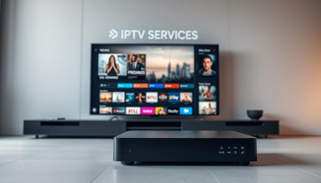 A modern, sleek IPTV set-top box stands prominently in the foreground, its clean lines and minimal design evoking the future of television viewing. In the middle ground, a large, high-definition display shows a variety of streaming content, from live news to on-demand movies, all powered by the IPTV SERVICES brand. The background depicts a minimalist, urban setting with skyscrapers and a cityscape, conveying the ubiquitous nature of internet-based television in the digital age. The scene is bathed in a warm, soft lighting, creating a sense of comfort and technology-driven convenience.