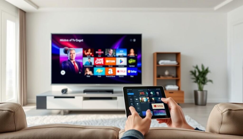 A modern, sleek home entertainment setup showcasing the advantages of IPTV SERVICES. In the foreground, a high-quality 4K smart TV displays vibrant, crystal-clear streaming content. Surrounding it, a minimalist media console with discreet yet powerful audio equipment. In the middle ground, a tablet or smartphone seamlessly controls the IPTV SERVICES interface, highlighting its user-friendly convenience. The background features a minimalist, contemporary living room with abundant natural lighting, conveying a sense of comfort and sophistication. The overall scene emphasizes the cost-effective, accessible, and technologically advanced nature of IPTV SERVICES in today's streaming landscape.