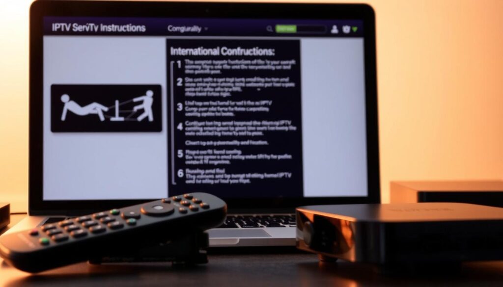 A neatly organized workspace showcases a laptop displaying step-by-step instructions for setting up an IPTV services player. The scene is bathed in warm, diffused lighting, creating a welcoming and informative atmosphere. In the foreground, a remote control and a sleek, modern streaming device stand ready for configuration. The middle ground features a well-structured guide, with clear diagrams and concise, easy-to-follow text. The background subtly blends in complementary tones, drawing the viewer's focus to the task at hand. The overall composition conveys a sense of professionalism and practicality, making this the perfect illustration for the "Setting Up Your IPTV Player: Tips and Best Practices" section.