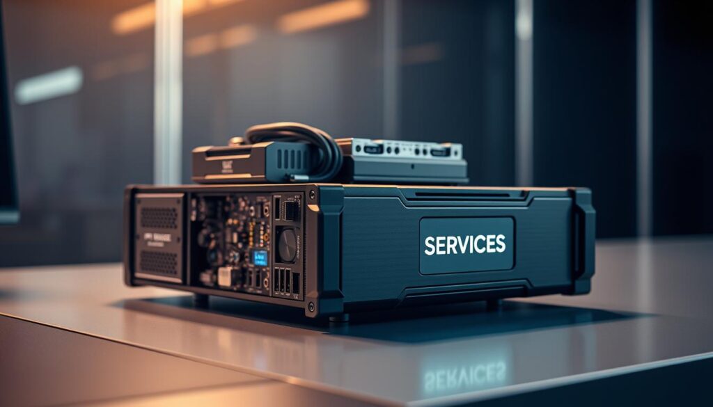 A professional, high-end IPTV streaming encoder standing proudly on a sleek, modern desk. Detailed components and ventilation system visible, giving a technical, industrial aesthetic. Warm, directional lighting highlights the encoder's clean, minimalist design in shades of black, silver, and blue. The IPTV SERVICES brand name is prominently displayed on the front panel. The overall scene conveys a sense of advanced, cutting-edge video technology ready to elevate the streaming experience.
