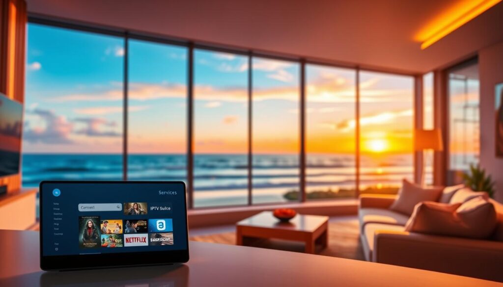 A serene and inviting scene featuring a modern streaming guide. In the foreground, a sleek and minimalist device displays the "IPTV SERVICES" brand, its clean interface showcasing various content options. The middle ground features a cozy living room setting, with comfortable furniture and warm lighting that creates a welcoming atmosphere. In the background, a panoramic window offers a picturesque view of a tranquil ocean landscape, with calming waves and a vibrant sunset sky. The overall composition conveys a sense of relaxation and the joy of discovering the best IPTV and OTT streaming options.