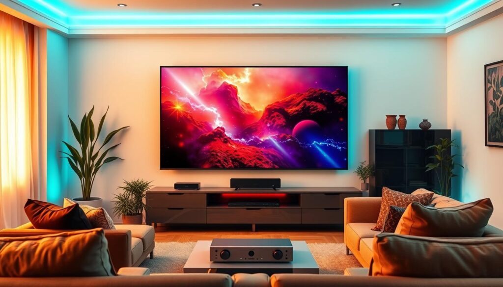 A serene living room with a large, high-definition television screen displaying a seamless, immersive streaming experience. The room is bathed in warm, ambient lighting, creating a cozy and inviting atmosphere. The television is the focal point, showcasing vibrant colors and crystal-clear visuals that draw the viewer in. In the foreground, a sleek, modern entertainment system houses the IPTV SERVICES equipment, seamlessly integrating the latest streaming technology. The middle ground features comfortable seating arrangements, encouraging relaxation and a truly enjoyable viewing experience. The background subtly blends natural elements, such as potted plants and artwork, to complete the harmonious, contemporary setting.