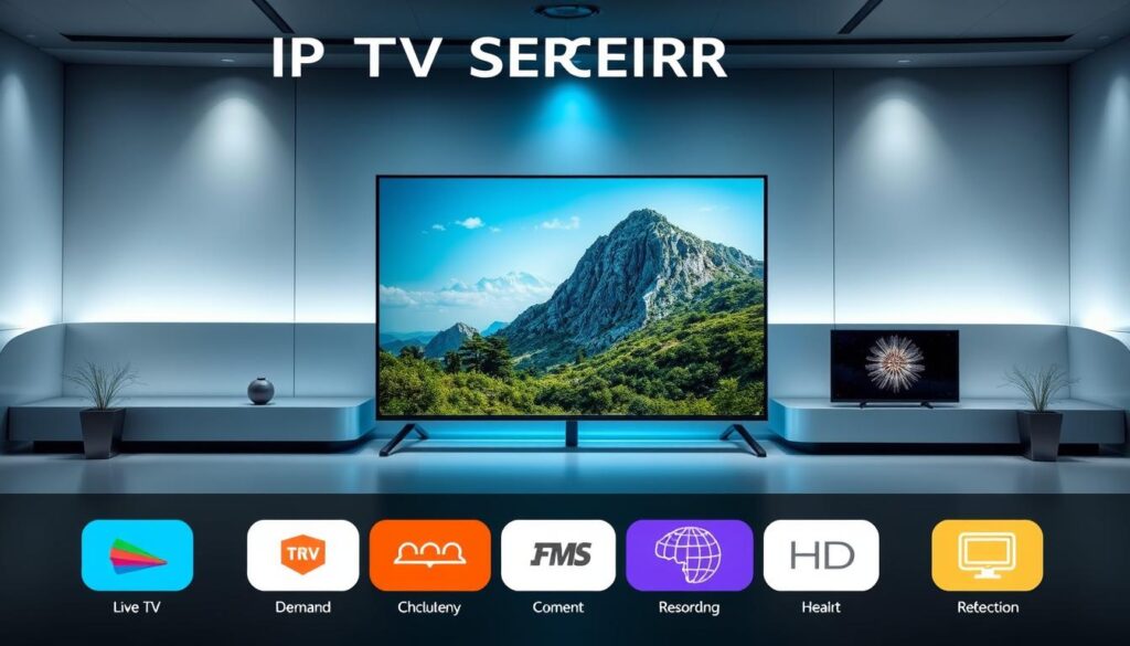 A sleek and modern IPTV SERVICES interface showcasing key HD features. In the foreground, vibrant icons representing live TV, on-demand content, and recording capabilities. In the middle, a large high-definition display presenting a crystal-clear nature documentary. The background features a minimalist, tech-inspired environment with smooth gradients and subtle lighting, conveying a sense of advanced, high-quality streaming. The overall scene exudes a professional, user-friendly atmosphere suitable for a premium IPTV service.