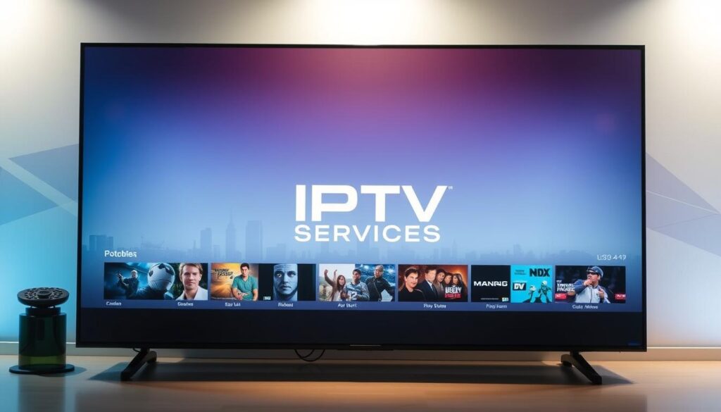 A sleek and modern media streaming platform with a clean, intuitive interface. The IPTV SERVICES logo prominently displayed at the center, surrounded by a variety of content thumbnails, ranging from movies and TV shows to live sports and news. Soft, diffused lighting illuminates the scene, creating a warm and inviting atmosphere. The background features a subtle gradient, with a hint of city skyline or abstract geometric patterns, adding depth and visual interest. The composition is well-balanced, drawing the viewer's attention to the key elements of the platform. The overall aesthetic conveys a sense of professionalism, reliability, and the cutting-edge technology that powers the IPTV SERVICES subscription.