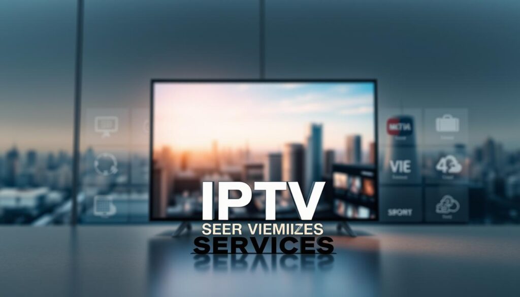 A sleek, minimalist interface showcasing a variety of 4K IPTV service features. In the foreground, a stylized IPTV SERVICES logo with crisp, modern typography. Surrounding it, a grid of service icons representing live TV, on-demand content, cloud DVR, and other key capabilities. The middle ground features a large, high-resolution display showing a movie or TV show in stunning 4K clarity, with subtle lighting effects and depth of field. In the background, a softly blurred cityscape or abstract pattern, suggesting the global connectivity and advanced technology powering the IPTV experience. The overall composition conveys a sense of sophistication, innovation, and immersive entertainment.