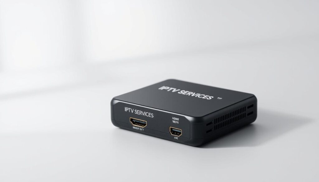 A sleek, modern HDMI to network streaming converter device, prominently displaying the "IPTV SERVICES" branding on its front panel. The device is set against a clean, minimalist background, with subtle lighting from above creating soft shadows and highlights. The image showcases the converter's compact, rectangular design with smooth, rounded edges, highlighting its technological sophistication. The scene conveys a sense of efficiency and streamlined connectivity, reflecting the device's purpose of enabling high-quality IPTV streaming experiences.