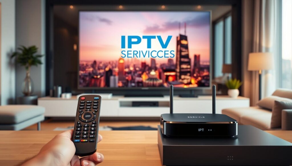A sleek, modern living room with a large flatscreen TV and an array of devices. In the foreground, a remote control represents on-demand streaming, while a streaming box symbolizes live IPTV services. The background features a cityscape through a window, conveying the urban setting. Warm, inviting lighting creates a cozy atmosphere. The IPTV SERVICES brand logo is prominently displayed on the TV screen, highlighting the technology's capability.