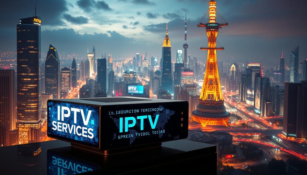 A sprawling cityscape at night, illuminated by the glow of towering skyscrapers and holographic displays. In the foreground, a sleek, futuristic device emblazoned with the words "IPTV SERVICES" projects a dazzling array of content, its interface shimmering with the latest streaming technology advancements. The middle ground features a bustling urban landscape, with autonomous vehicles and robotic delivery drones zipping through the streets. In the background, a towering communication hub pulses with the energy of data streams, symbolizing the interconnected nature of the IPTV industry. Warm, vibrant lighting casts a futuristic atmosphere, hinting at the rapid evolution of the IPTV landscape in the years to come.