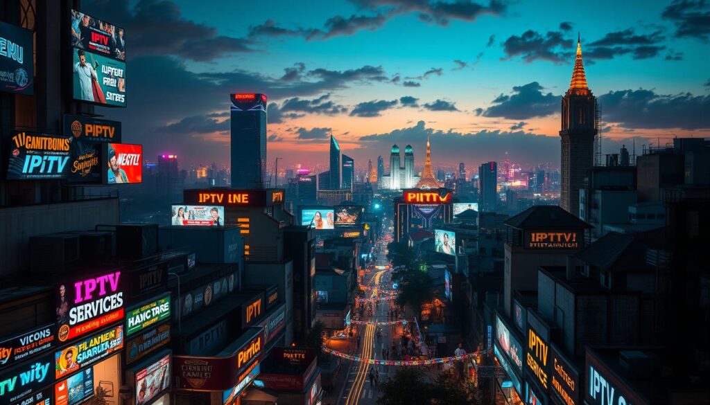 A sprawling metropolis of endless entertainment options, illuminated by vibrant neon lights that dance across the night sky. In the foreground, a bustling street teeming with IPTV SERVICES storefronts, each offering a mesmerizing array of streaming content. The middle ground showcases towering skyscrapers and futuristic architecture, while the background is dominated by a breathtaking cityscape, its skyline punctuated by towering monuments and glittering billboards. The scene is bathed in a warm, cinematic glow, creating an atmosphere of boundless possibilities and immersive experiences, inviting the viewer to unlock the power of Cambodia IPTV and discover a world of unparalleled entertainment.