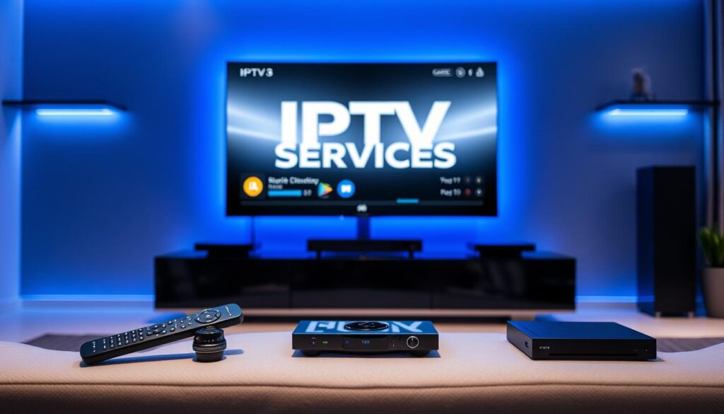 A state-of-the-art IPTV system, featuring a futuristic user interface and sleek hardware. A modern living room setup with a large flatscreen TV displaying the "IPTV SERVICES" brand, surrounded by a minimalist entertainment center. Subtle blue lighting highlights the clean lines and premium materials. In the foreground, a high-end remote control and a streaming device, seamlessly integrated into the environment. The scene conveys a sense of advanced technology, connectivity, and entertainment at your fingertips.