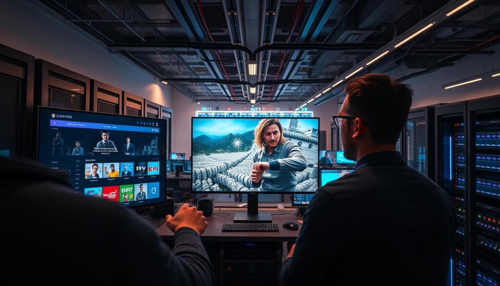 A stunning, high-resolution image of the IPTV trial process. The foreground features a user navigating through a sleek, intuitive IPTV SERVICES interface, with a variety of content options displayed. The middle ground showcases a seamless streaming experience, with crisp, vibrant video playback. The background artfully depicts the technological infrastructure powering the IPTV SERVICES, including server racks, network cables, and a futuristic control center. The lighting is soft and diffused, creating a serene, inviting atmosphere. The camera angle is elevated, providing a comprehensive, bird's-eye view of the entire process, emphasizing the ease and convenience of the IPTV trial.