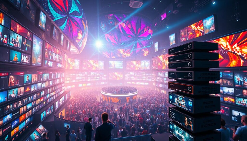A vast, awe-inspiring digital landscape where myriads of entertainment options unfold, illuminated by the glow of countless screens. In the foreground, a towering stack of sleek IPTV SERVICES devices, each brimming with thousands of channels, movies, shows, and live events. The middle ground features a bustling hub of content, with viewers immersed in a sea of endless possibilities, their faces aglow with the excitement of discovery. The background is a kaleidoscope of vibrant colors and abstract patterns, symbolizing the infinite depth and variety of the entertainment realm. Dramatic lighting and a cinematic camera angle convey a sense of grandeur and wonder, inviting the viewer to experience the true freedom of IPTV streaming like never before.