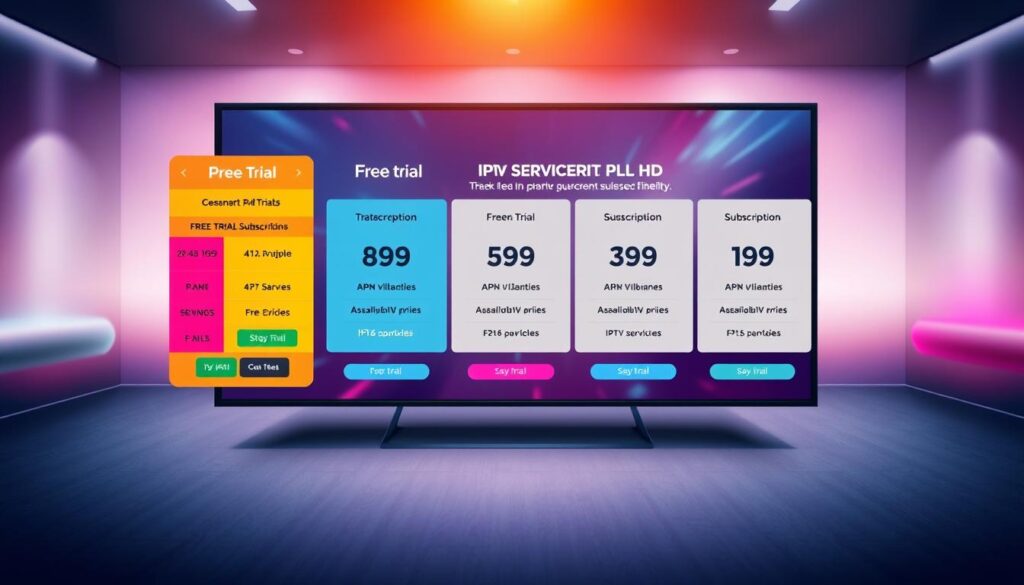 A vibrant and informative visual showcasing the pricing, free trials, and subscription flexibility of IPTV SERVICES HD. Set against a sleek, modern backdrop, the foreground features a dynamic display of pricing tiers, free trial options, and a range of subscription plans, presented with clean typography and data visualizations. The middle ground highlights key features and benefits of the IPTV SERVICES HD service, while the background blends subtle gradients and patterns, creating a visually captivating and professional-looking image to complement the article's subject matter.