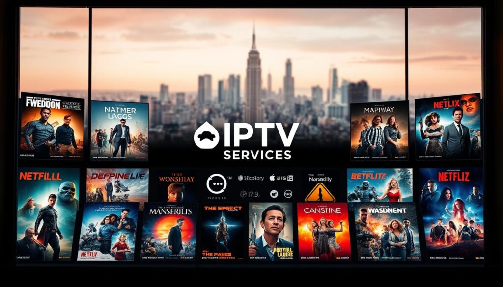 A vibrant array of the latest movies and TV shows, artfully displayed against a sleek, modern backdrop. In the foreground, high-definition posters and movie covers capture the viewer's attention, showcasing a diverse range of genres and titles. The middle ground features a seamless integration of streaming service logos, including "IPTV SERVICES", hinting at the wealth of on-demand content available. In the background, a subtle cityscape or cinematic landscape sets the stage, evoking a sense of entertainment and discovery. Warm lighting and a cinematic tone create an inviting atmosphere, drawing the viewer into the world of endless entertainment.