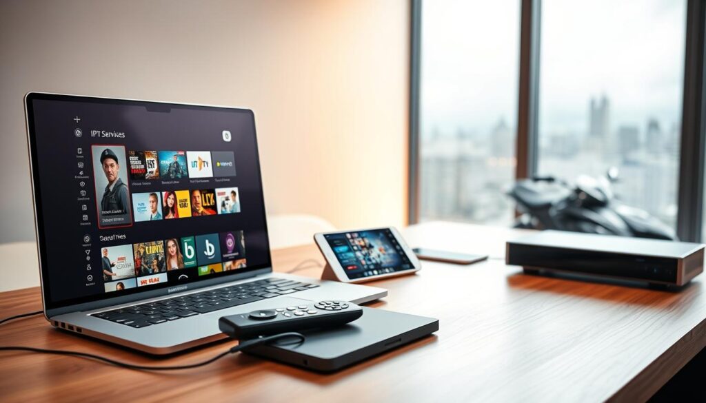 A vibrant, high-quality image of various IPTV apps for multiple devices displayed on a sleek, minimalist desktop setup. In the foreground, a large laptop screen showcases the iptv services app interface, its intuitive design and rich content library. Surrounding it, a tablet, smartphone, and smart TV remote control rest on a modern, wood-grain desk, all connected and ready to access the IPTV content. The middle ground features cutting-edge electronic devices in neutral tones, complemented by a subtle, elegant lighting setup that casts a warm, inviting glow. In the background, a blurred cityscape or nature scene provides a serene, uncluttered backdrop, emphasizing the versatility and accessibility of the iptv services across multiple platforms.