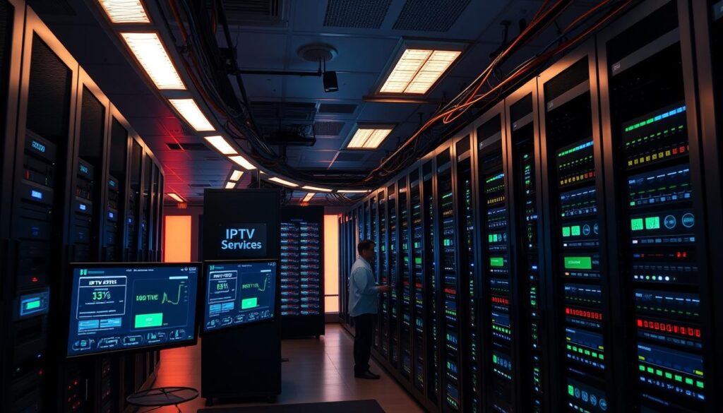 A well-lit, meticulously detailed computer server room, with rows of sleek, state-of-the-art network racks, blinking with indicators of reliable, uninterrupted IPTV SERVICES. The room is bathed in a soft, ambient glow, creating a sense of technological stability and professionalism. In the foreground, a series of monitoring screens display real-time uptime and performance metrics, showcasing the reliability and redundancy of the IPTV SERVICES infrastructure. The middle ground features technicians diligently maintaining the systems, ensuring maximum uptime and service quality. The background hints at the expansive scale of the operations, with a panoramic view of the server farm, conveying a sense of the robust, enterprise-grade nature of the IPTV SERVICES offerings.