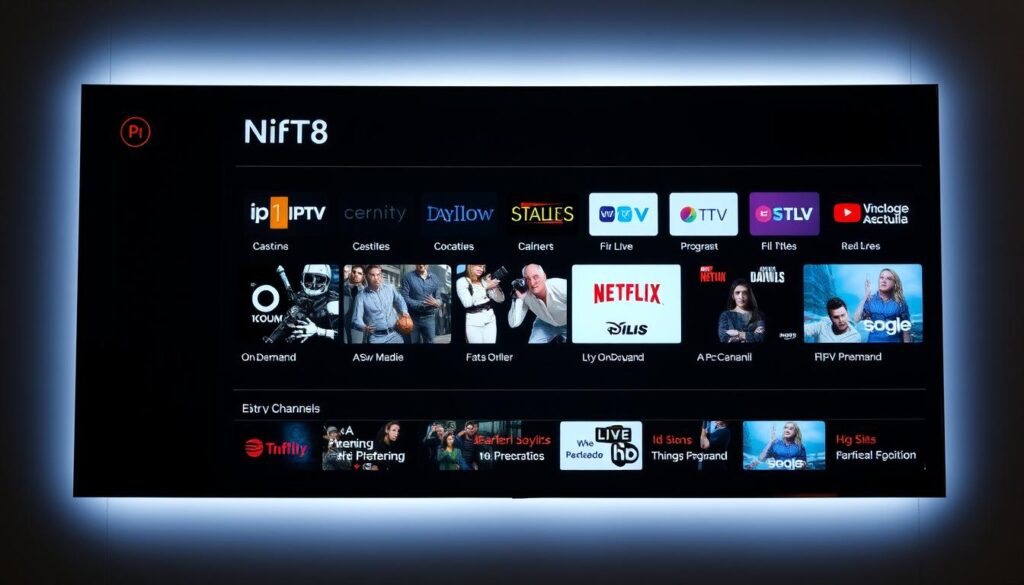 An electronic program guide interface displaying a variety of IPTV SERVICES channels and content. The interface features a clean, modern design with a grid-like layout showcasing channel logos, program titles, and detailed information. Soft lighting illuminates the display, creating a sleek and inviting atmosphere. The middle ground highlights a selection of popular live and on-demand options, while the background subtly fades into a neutral tone, allowing the content to take center stage. The overall composition conveys a sense of user-friendliness and intuitive navigation, empowering viewers to effortlessly explore the diverse range of IPTV SERVICES available.