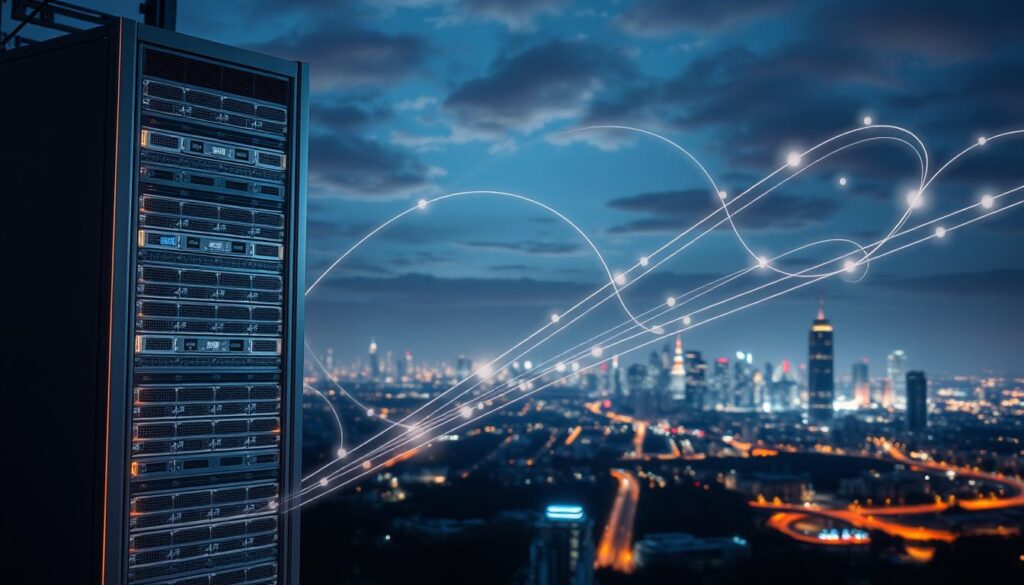 Streaming service reliability: A serene landscape with a towering server rack in the foreground, its sleek metallic chassis glowing under soft, diffused lighting. In the middle ground, data streams flow like ribbons of light, connecting the server to various devices, symbolizing the seamless delivery of IPTV services. The background features a distant cityscape, its skyscrapers and infrastructure hinting at the vast network infrastructure powering reliable iptv services. The overall atmosphere conveys a sense of trust, stability, and technological sophistication.