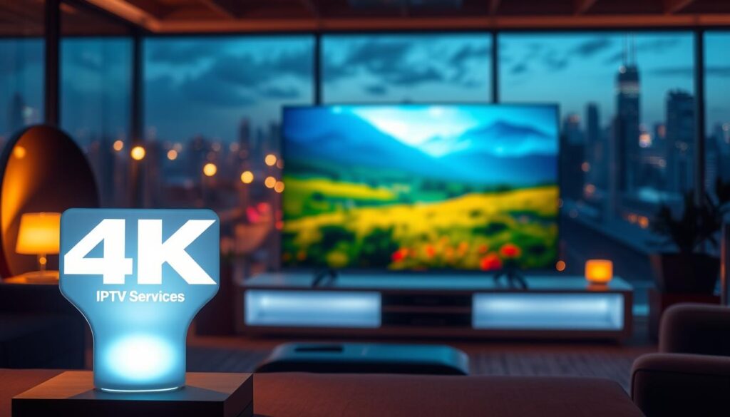 Vibrant and immersive 4K streaming experience. A sleek IPTV SERVICES logo stands prominently in the foreground, emanating a soft, diffused glow. In the middle ground, a cinematic display showcases a vivid, ultra-high-definition nature scene, the details crisp and lifelike. The background is a serene, out-of-focus cityscape, streetlights and skyscrapers hinting at the urban connectivity that enables this 4K viewing pleasure. Warm, diffused lighting creates a sense of comfort and luxury, while the overall composition conveys the power and potential of 4K IPTV technology to elevate one's entertainment experience.