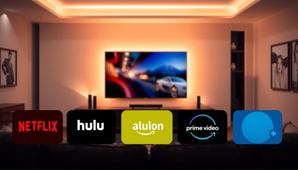 A sleek, modern living room with a large flat-screen TV prominently displayed. In the foreground, various streaming app icons are artfully arranged, including Netflix, Hulu, Amazon Prime Video, and Disney+. The lighting is warm and inviting, creating a cozy atmosphere. The room is decorated with minimalist, contemporary furnishings, and the walls feature subtle, abstract artwork. The overall scene conveys a sense of entertainment, convenience, and the seamless integration of technology into the home environment.