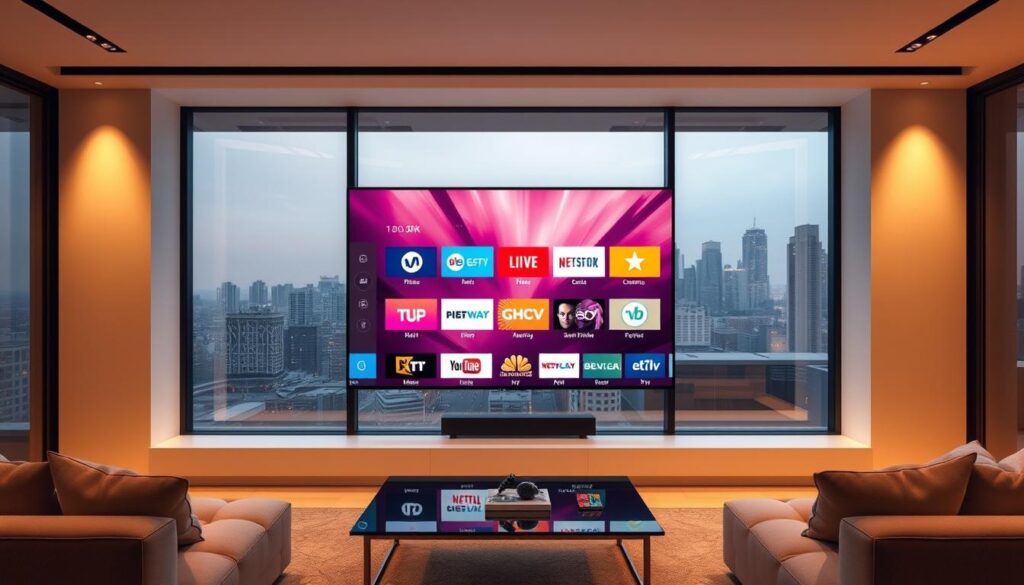 A sleek, modern living room with a large, state-of-the-art 4K IPTV display dominating the center. The screen shows a vibrant, high-definition view of various live TV channels, each with a distinct logo and program content. The room is bathed in warm, indirect lighting, creating a cozy and immersive atmosphere. The furniture is minimal and stylish, complementing the clean, contemporary design. Through the large windows, a glimpse of a city skyline can be seen, hinting at the global connectivity and accessibility of the 4K IPTV service. The overall scene conveys the seamless integration of cutting-edge technology and a refined, comfortable living environment.