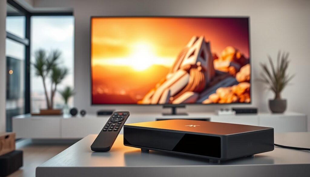 A state-of-the-art 4K IPTV service showcased in a sleek, modern setting. In the foreground, a high-end streaming device with clean lines and intuitive controls rests on a minimalist entertainment center. Behind it, a large, ultra-high-definition television displays vibrant, crystal-clear imagery, immersing the viewer in a cinematic experience. The middle ground features a wireless remote and smart home accessories, seamlessly integrated for a comprehensive, technology-driven living space. The background depicts a stylish, well-lit room with large windows, evoking a sense of openness and natural light. The overall composition conveys the power, convenience, and premium quality of a next-generation 4K IPTV solution.